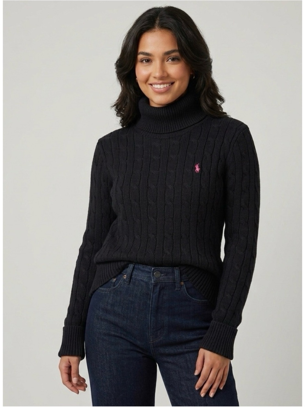 Ralph Lauren Sport Black Cable Knit Turtleneck Sweater Size Medium